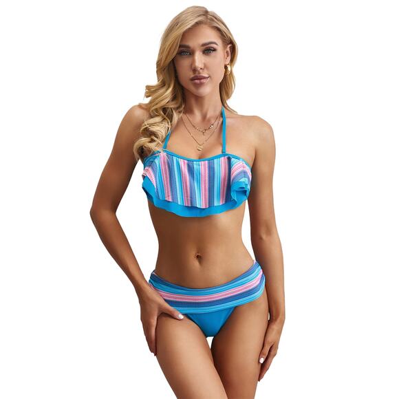 Blue Pink Striped Accent Ruffle Trim Bikini Swimsuit - Small - Picture 5 of 6